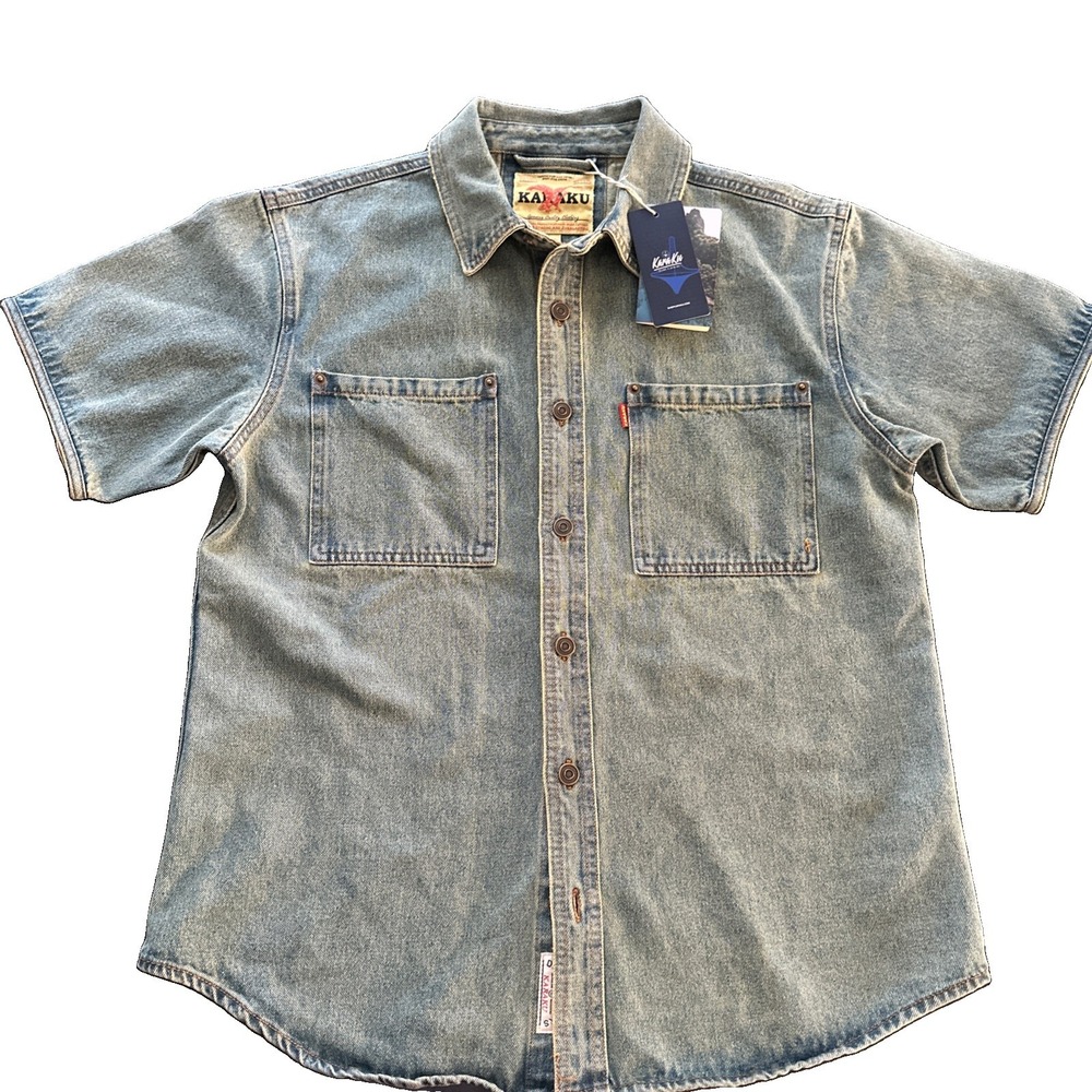 NWT Karaku Denim Shirt Retro Style Mens Slze Large Short Sleeve Rare Japan
